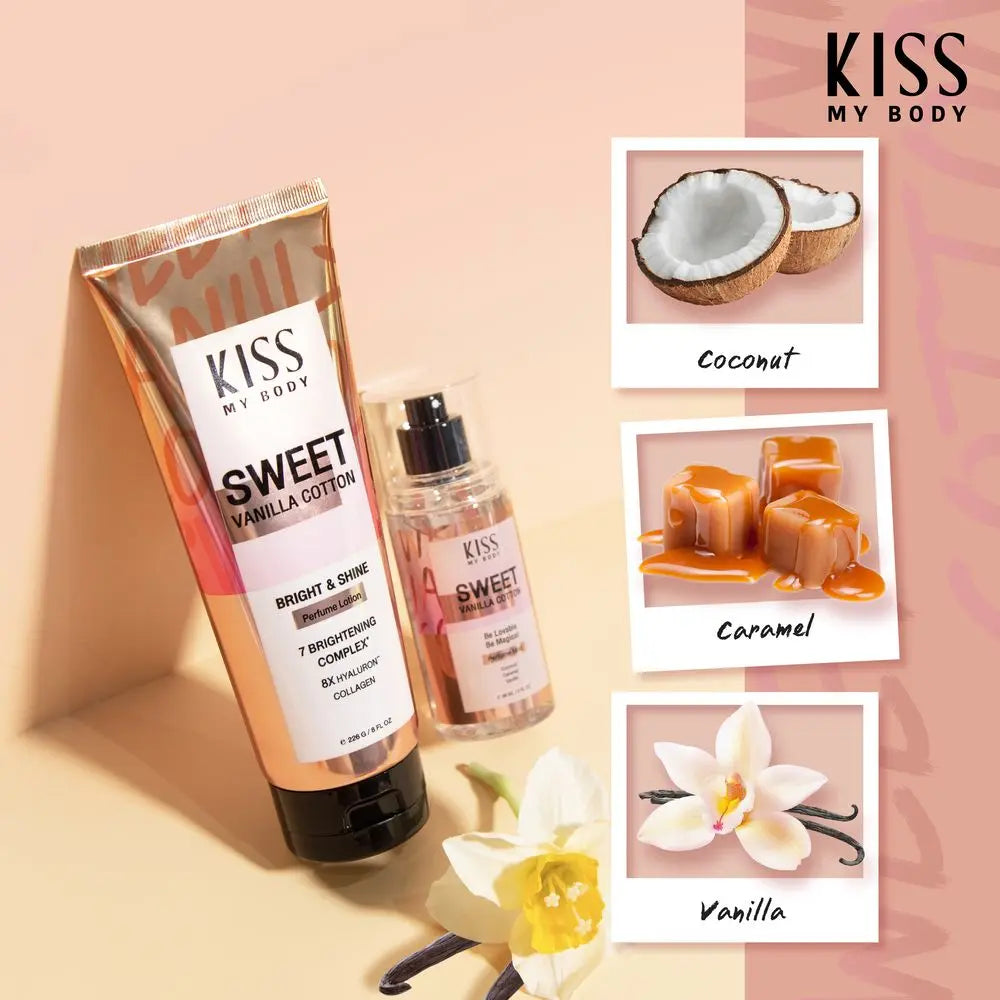 "لوشن كيس ماي بودي برايت شاين برفيوم سويت فانيلا كوتون، بوزن 226 جم، يحتوي على خصائص تفتيح وترطيب، يمنح البشرة إشراقة ونعومة مع رائحة دافئة حلوة من الفانيليا والقطن المنعش."