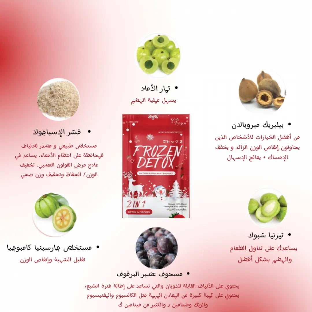 "كبسولات فروزن ديتوكس، مكمل غذائي طبيعي مصمم لدعم تنظيف الجسم وتعزيز الصحة العامة، معبأ بتصميم أنيق على خلفية بيضاء."
نايس ون
امازون