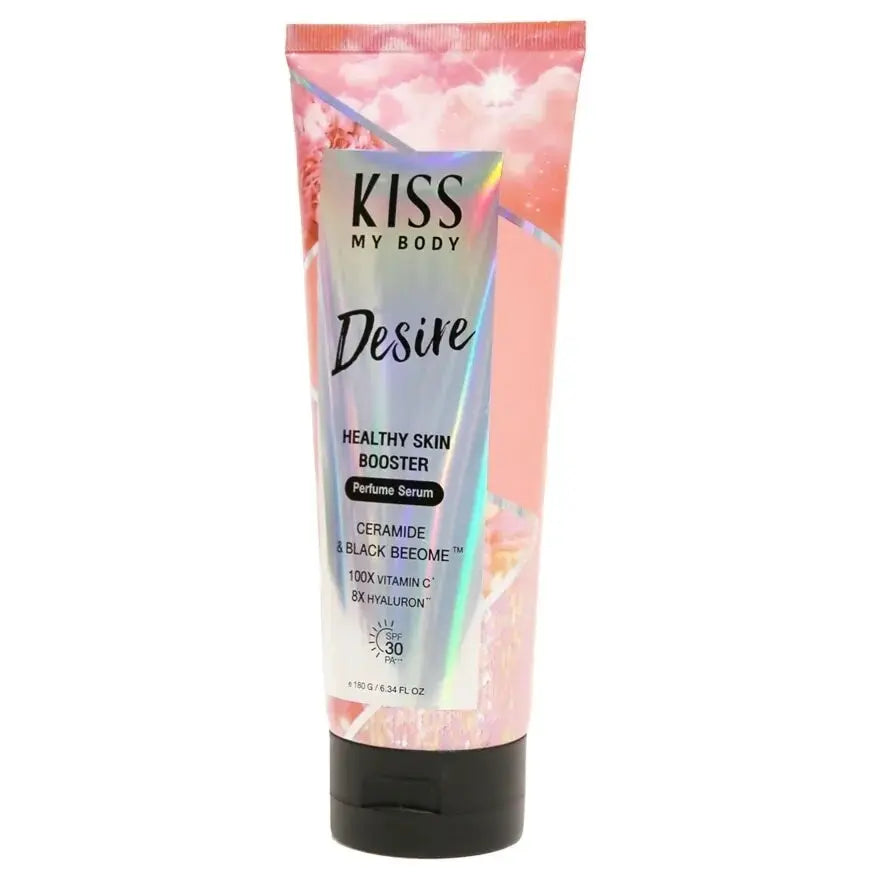 "كريم سيروم كيس ماي بودي هيلثي سكين بوستر برفيوم بمعامل حماية SPF30 PA+++ ديزاير، بوزن 180 جم، يجمع بين العناية بالبشرة والعطر، غني بمعامل حماية SPF30 للحماية من الأشعة فوق البنفسجية، يرطب البشرة ويغذيها مع ترك رائحة عطرة تدوم طويلاً."
نايس ون
امازون
"Kiss My Body Healthy Skin Booster Perfume Serum SPF30 PA+++ Desire, a 180g lightweight serum combining skincare and fragrance, enriched with SPF30 for UV protection, hydrating and nourishing the skin while leaving a pleasant, long-lasting scent."
