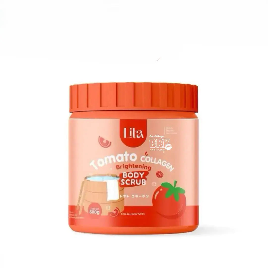 Jar of tomato collagen brightening body scrub with red lid on a white background