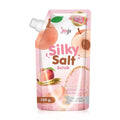 Silky Salt Scrub packaging with peach graphics and 'joji' branding on a white background
