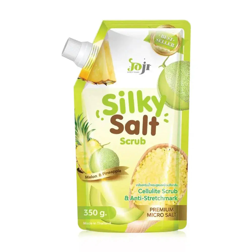Silky Salt Scrub packaging with melon and pineapple graphics on a white background