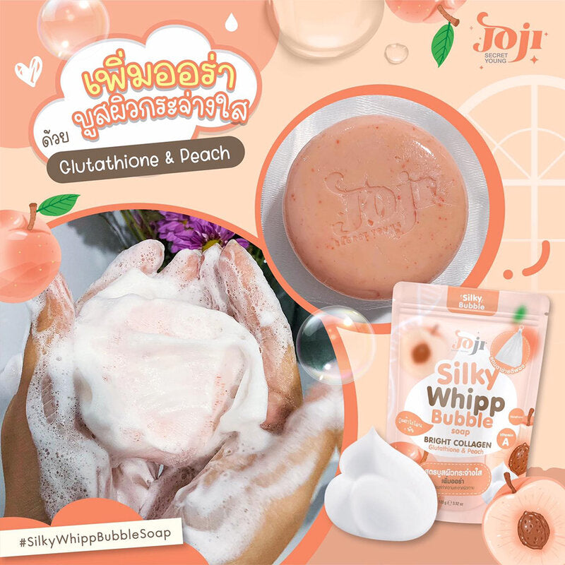 JOJI Secret Young Silky Whipp Bubble Soap Bright Collagen Glutathione & Peach 100g - صابونة جوجي سيكرت يونغ سيلكي ويب الفقاعية بالتفتيح مع الكولاجين والجلوتاثيون والخوخ 100 جم