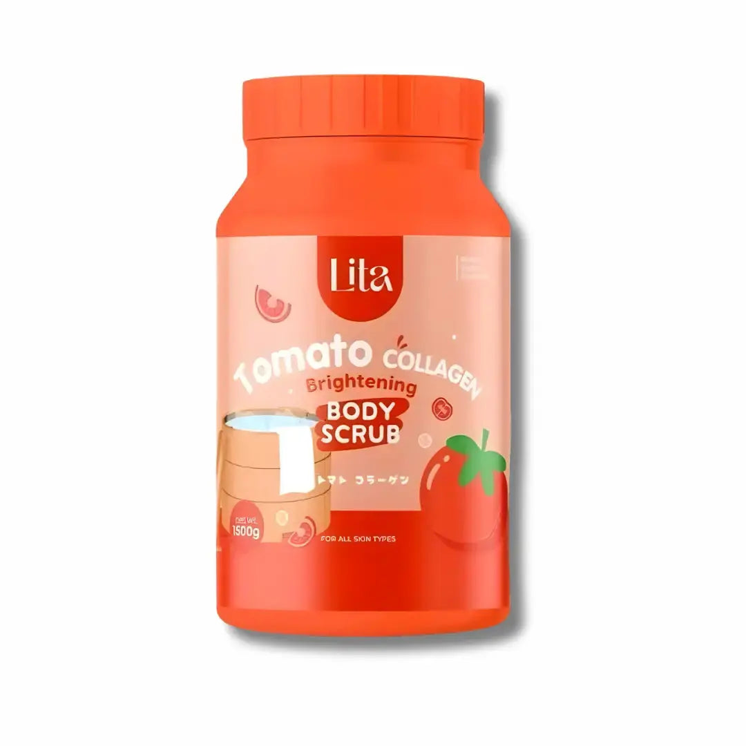 Lita Tomato Collagen Brightening Body Scrub bottle on a white background