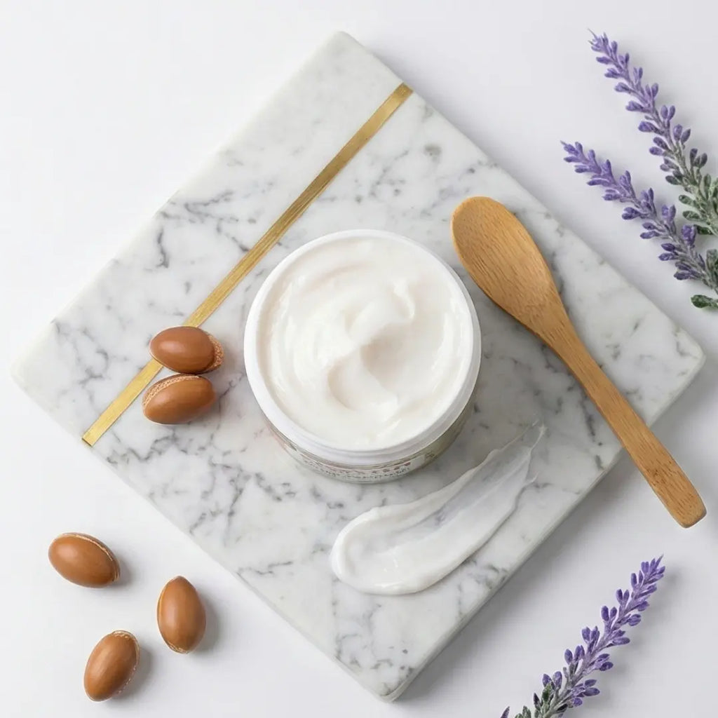 Jar of cream with wooden spoon on marble surface with argan oil and lavender flowers