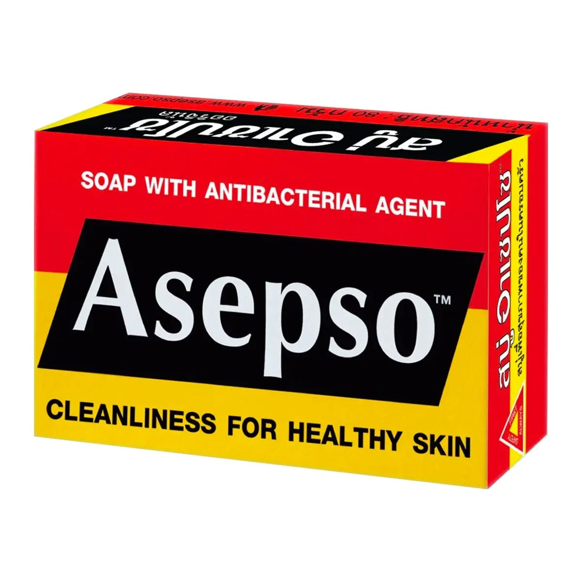 Asepso soap packaging with red, yellow, and black design on a white background