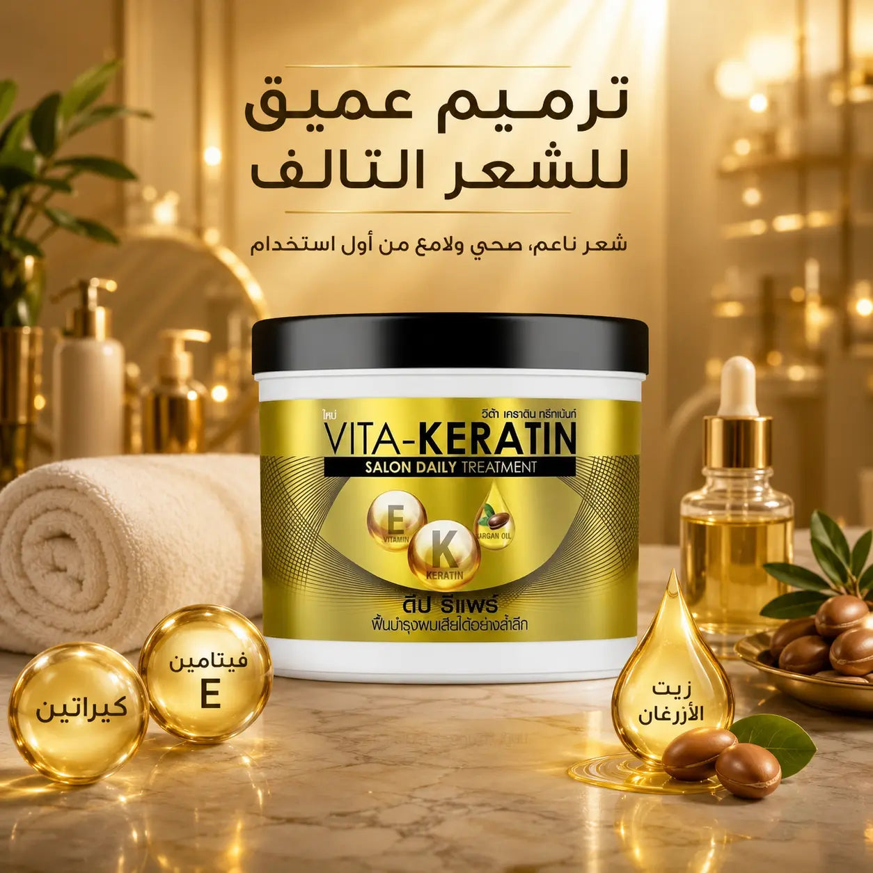 Vita-Keratin hair treatment jar with ingredients on a decorative background