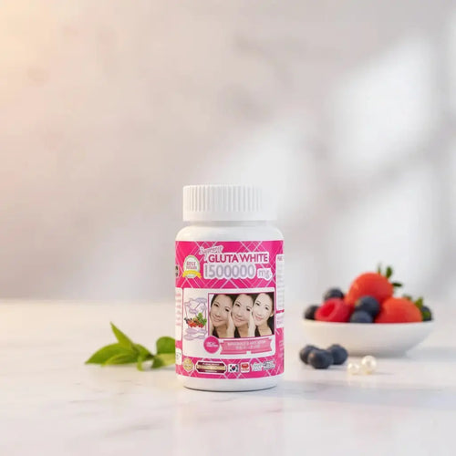 Supplement bottle labeled 'Gluta White' with a pink label on a white surface with berries in the background.