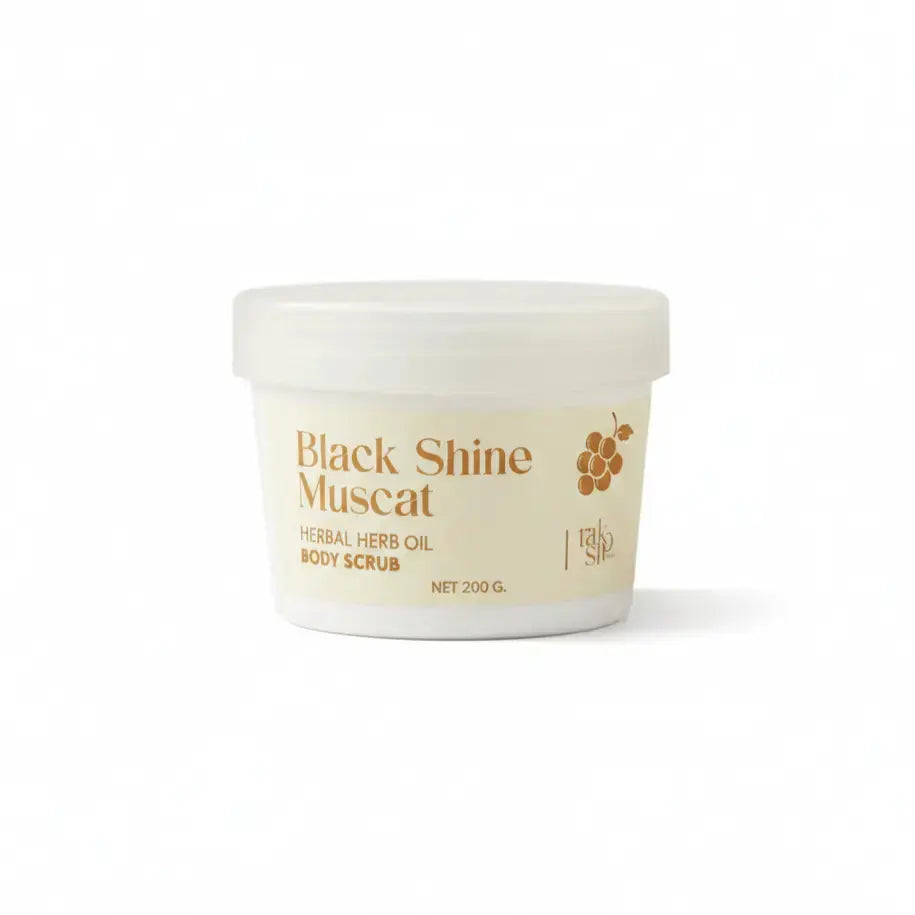 White container of Black Shine Muscat herbal herb oil body scrub on a white background