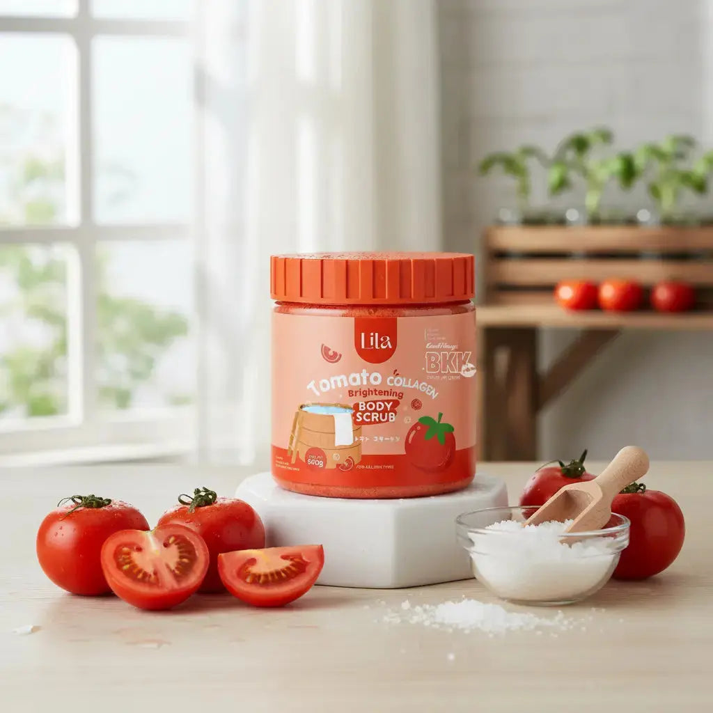 Body scrub jar with tomatoes and a wooden spoon on a light surface.