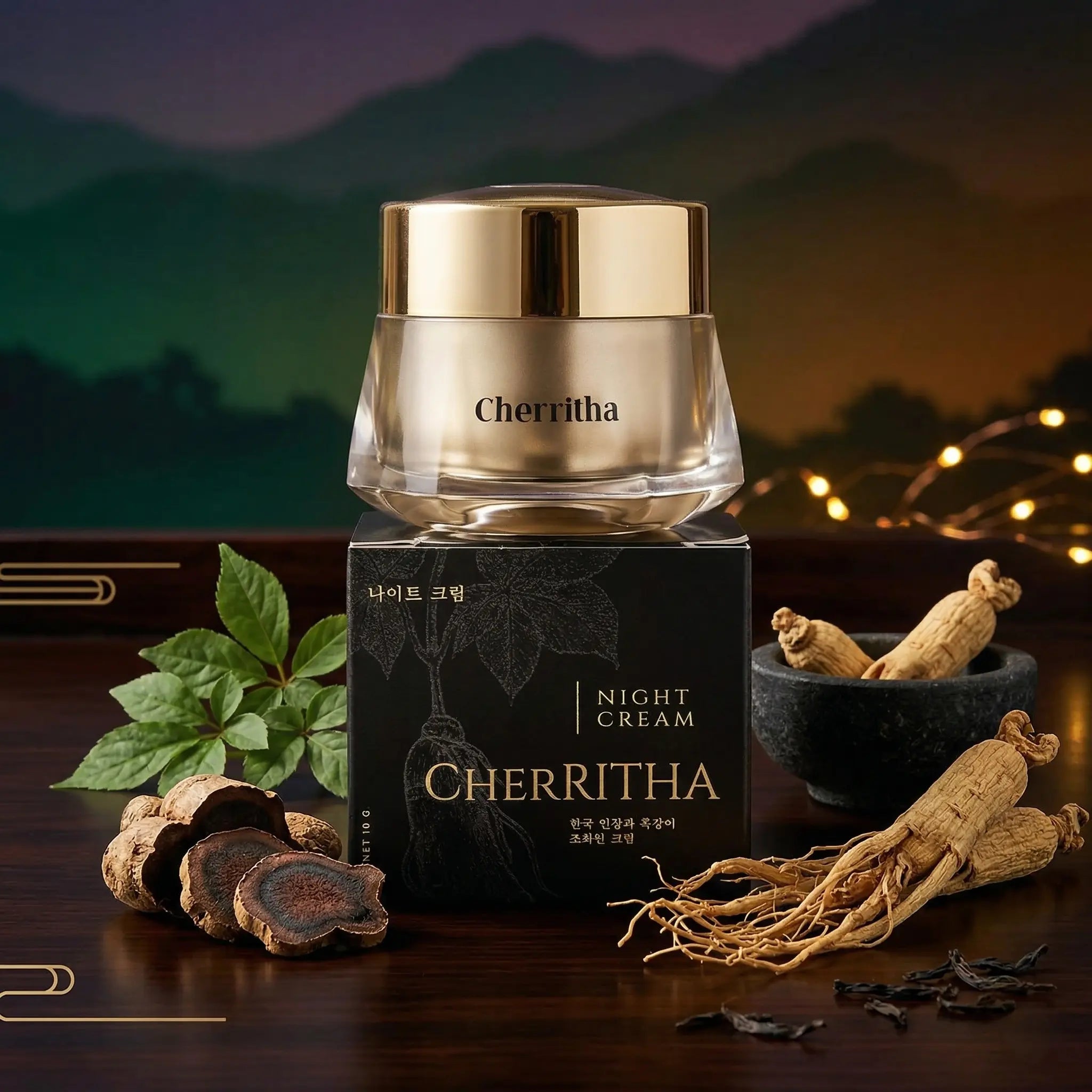 Cherritha night cream jar and packaging with natural elements on a wooden surface.