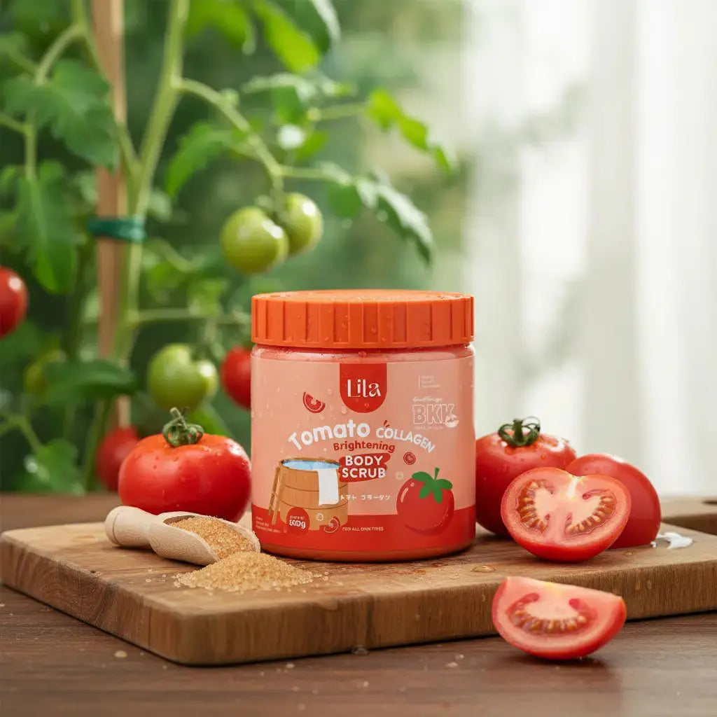 Jar of tomato collagen product on a wooden board with fresh tomatoes and plant in the background