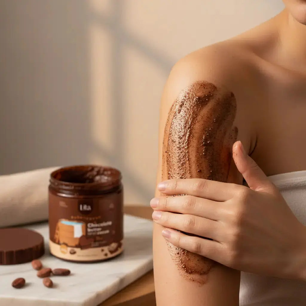 Person applying chocolate body scrub to their arm with a jar of the product on a marble surface.