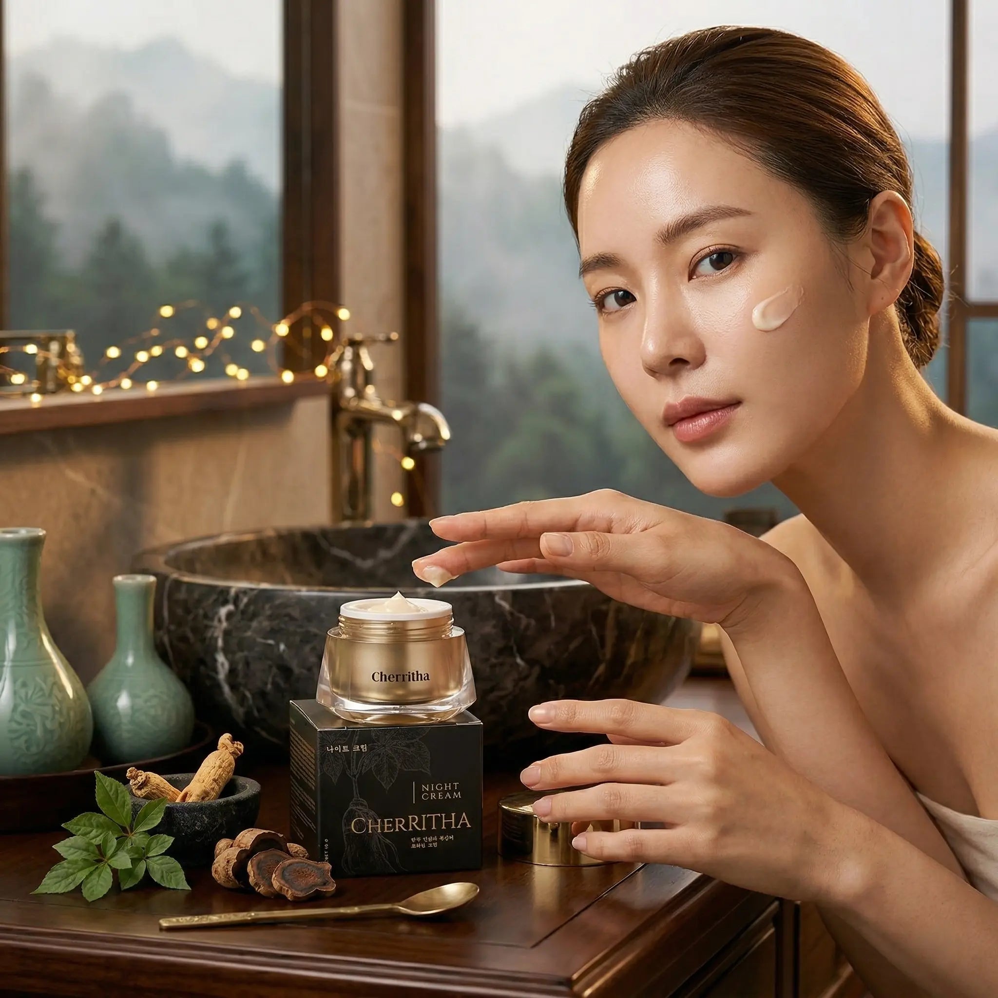 Woman applying cream to her face with a scenic background