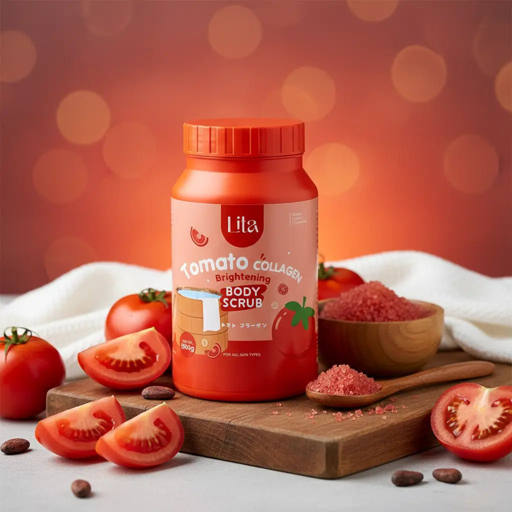 Lita Tomato Collagen Brightening Body Scrub with tomatoes and wooden bowl on a blurred background