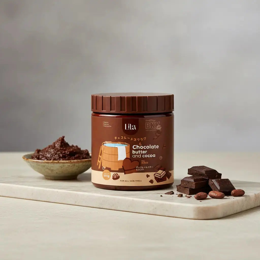 Jar of Hita chocolate butter and cocoa with chocolate pieces and nuts on a marble surface.