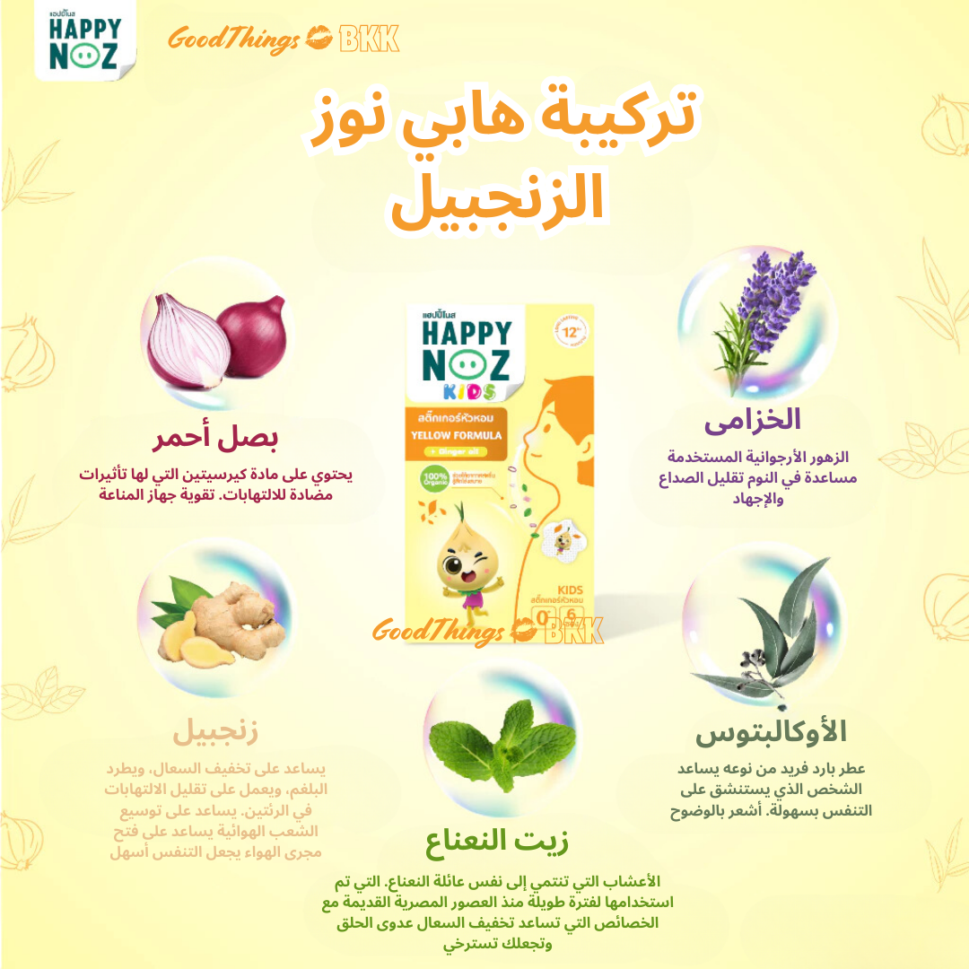 منتج Happy Nose Formula Ginger Kids، تركيبة طبيعية تحتوي على الزنجبيل لتخفيف احتقان الأنف للأطفال، معبأ بتصميم مبهج وصديق للأطفال على خلفية بيضاء.