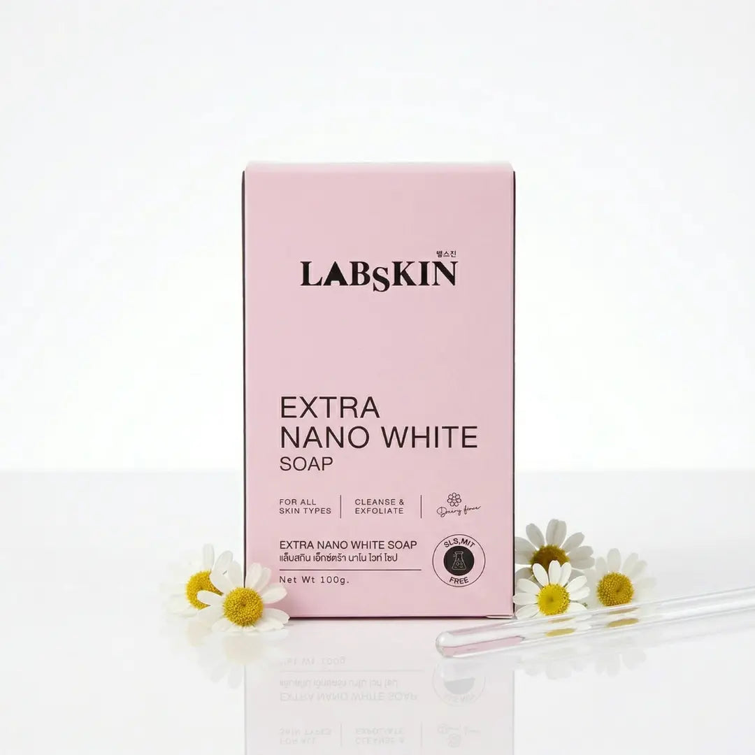 LABSkins Extra Nano White Soap packaging on a white background with flowers.