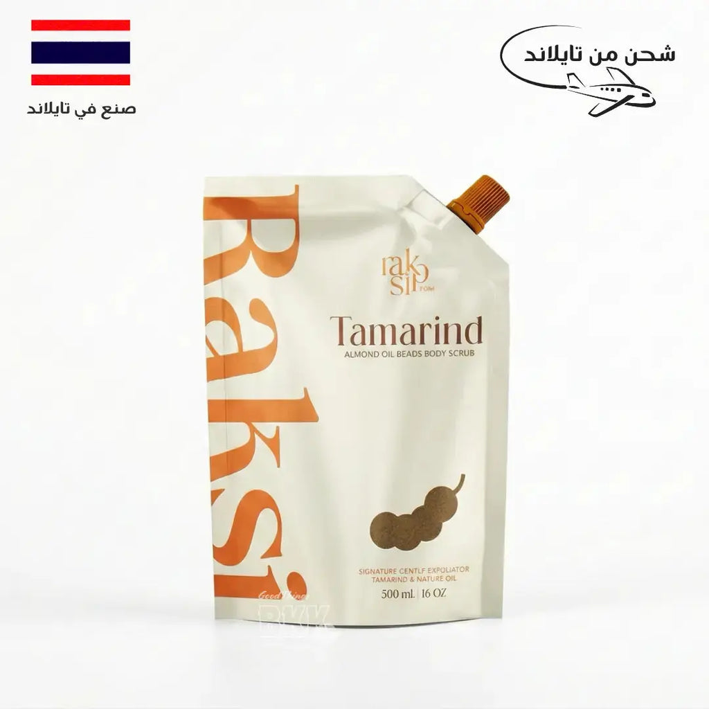 Tamarind almond oil scrub packaging with brand name on a white background