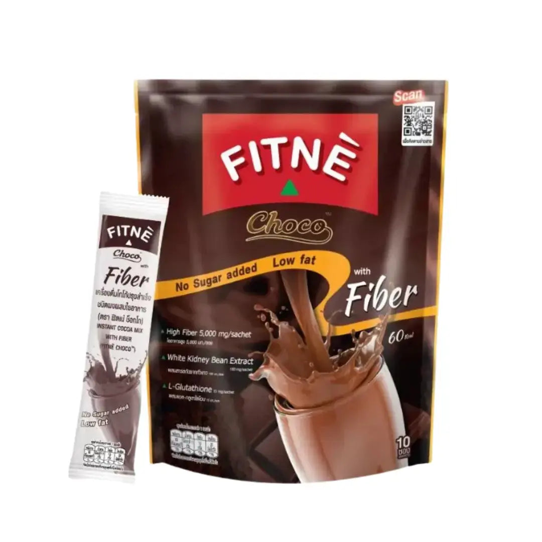 FITNE Choco Fiber package with a smaller white packet on a white background