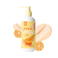 Yuzu jelly-like product with pump dispenser on a white background