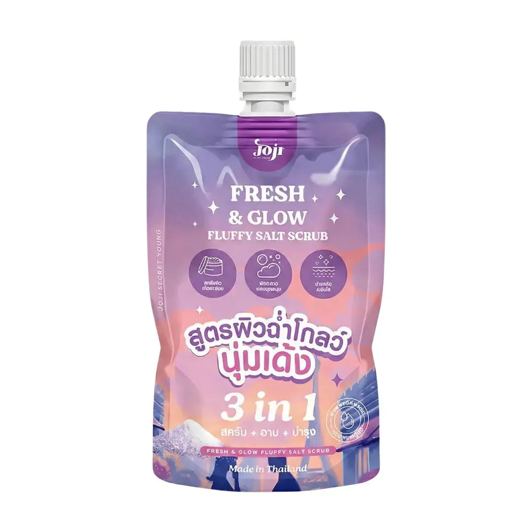 Purple and pink packaging of a salt scrub with branding on a white background