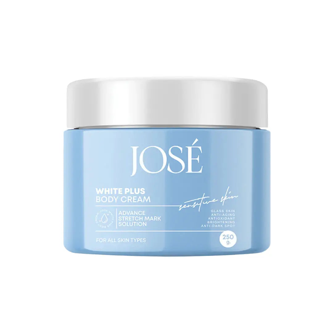Blue jar of José White Plus Body Cream on a white background