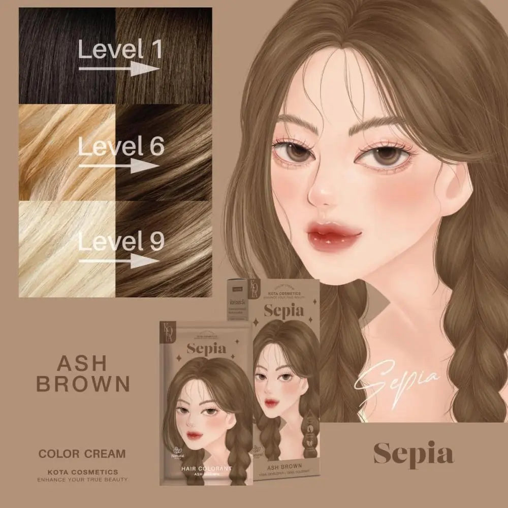 kota cosmetics Sepia (Ash Brown) صبغة شعر بمستخلصات طبيعية بني داكن Goodthings.bkk